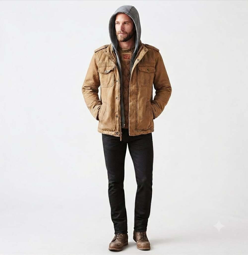 Levi's Men's Brown Washed Cotton Hooded Military Jacket with Quilted Lining
